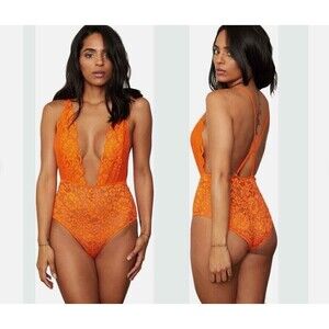 Free People We Are HAH Comin In HAHt Lace Bodysuit Size S Burnt Orange Lace New
